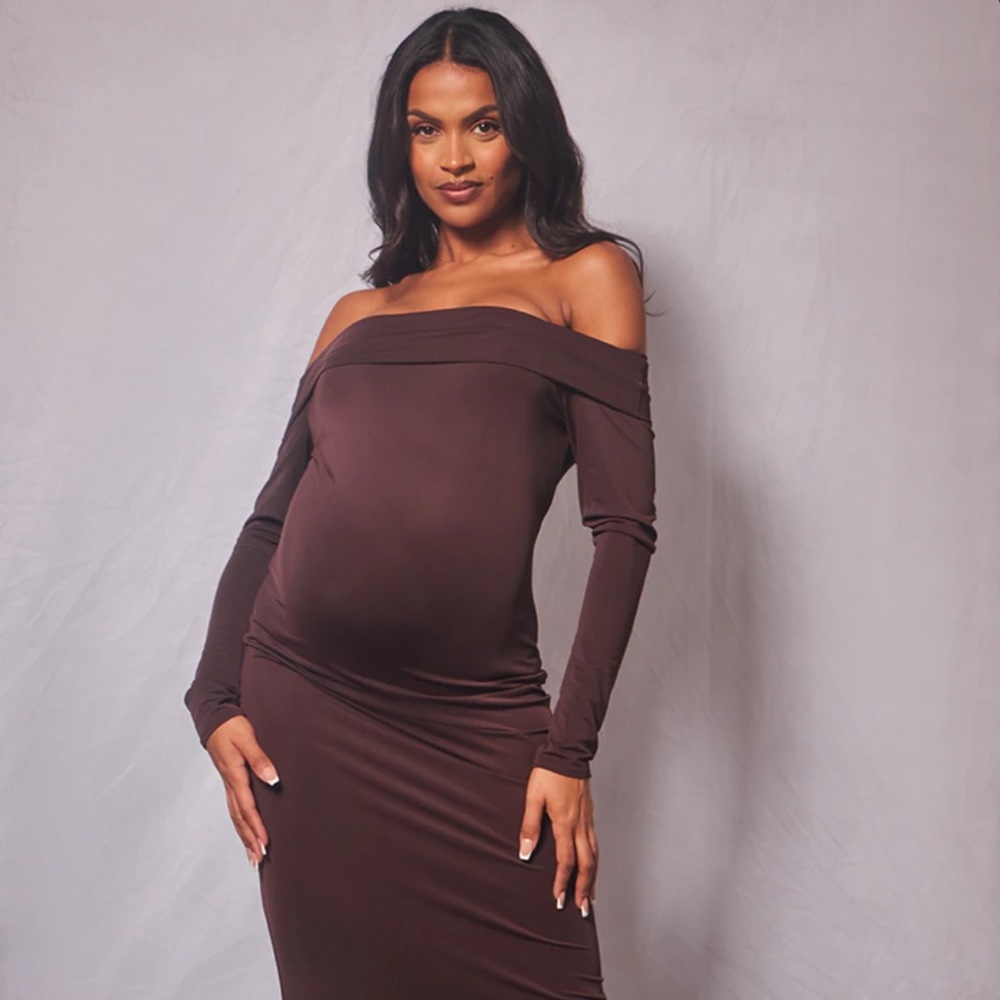 Maternity Chocolate Matte Slinky Off The Shoulder Maxi Dress